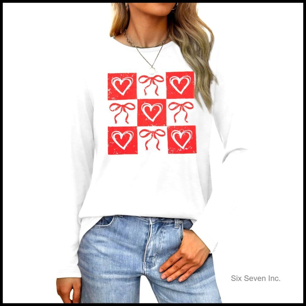 Long Sleeve Love Heart Graphic Tee Crewneck Valentine's Day Casual Top